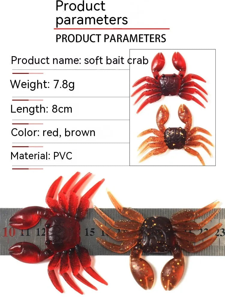 Brown and red soft PVC crab fishing lure measuring 8 cm in length