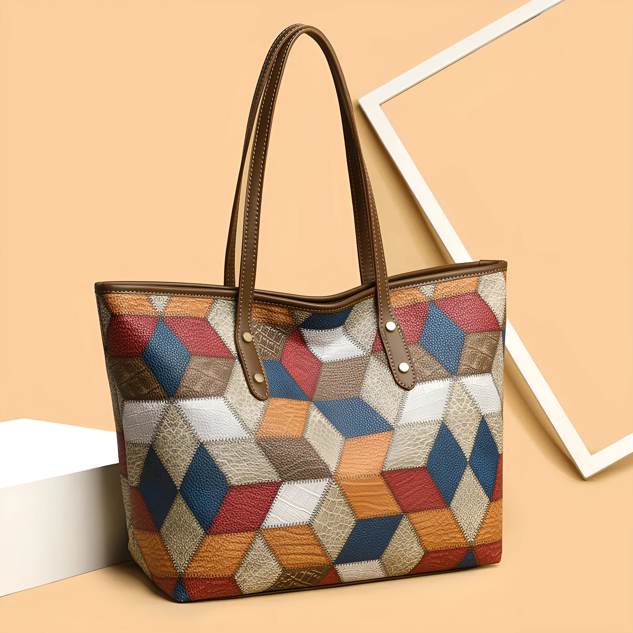 Women's large capacity PVC shoulder bag in blue brown colour with sandwich pocket design