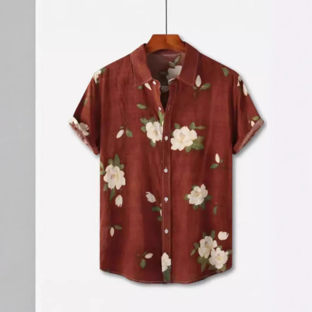 Hawaiian printing lapel short sleeve shirt with floral pattern and cardigan style