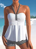 Women's off-shoulder swimsuit with solid colour and black white striped briefs