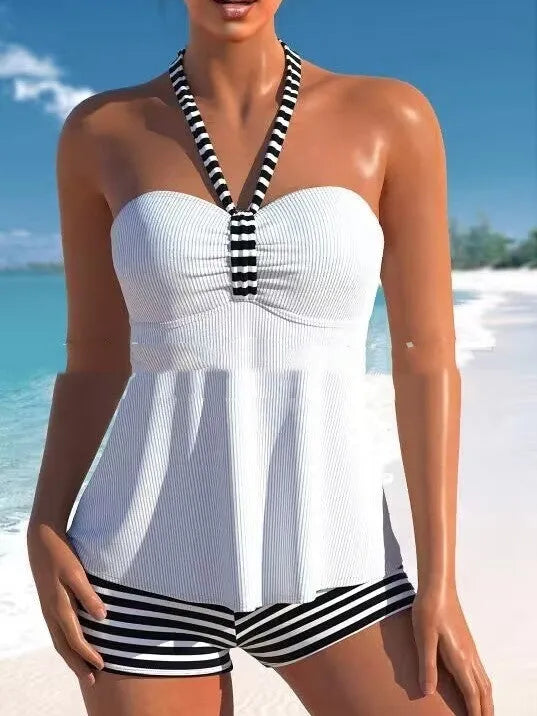 Women's off-shoulder swimsuit with solid colour and black white striped briefs