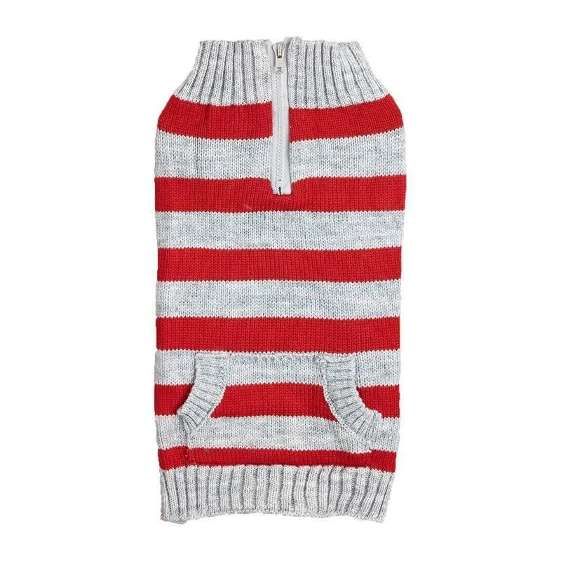 Grey knitted dog sweater on a small dog, showing a contrasting green horizontal zipper and a button chest pocket.
