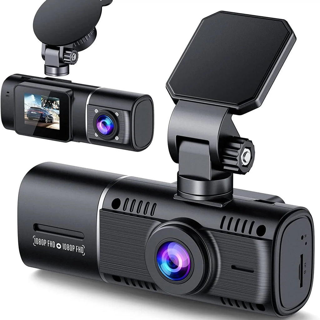 Black dashboard camera mounted on car windscreen showing dual recording capability