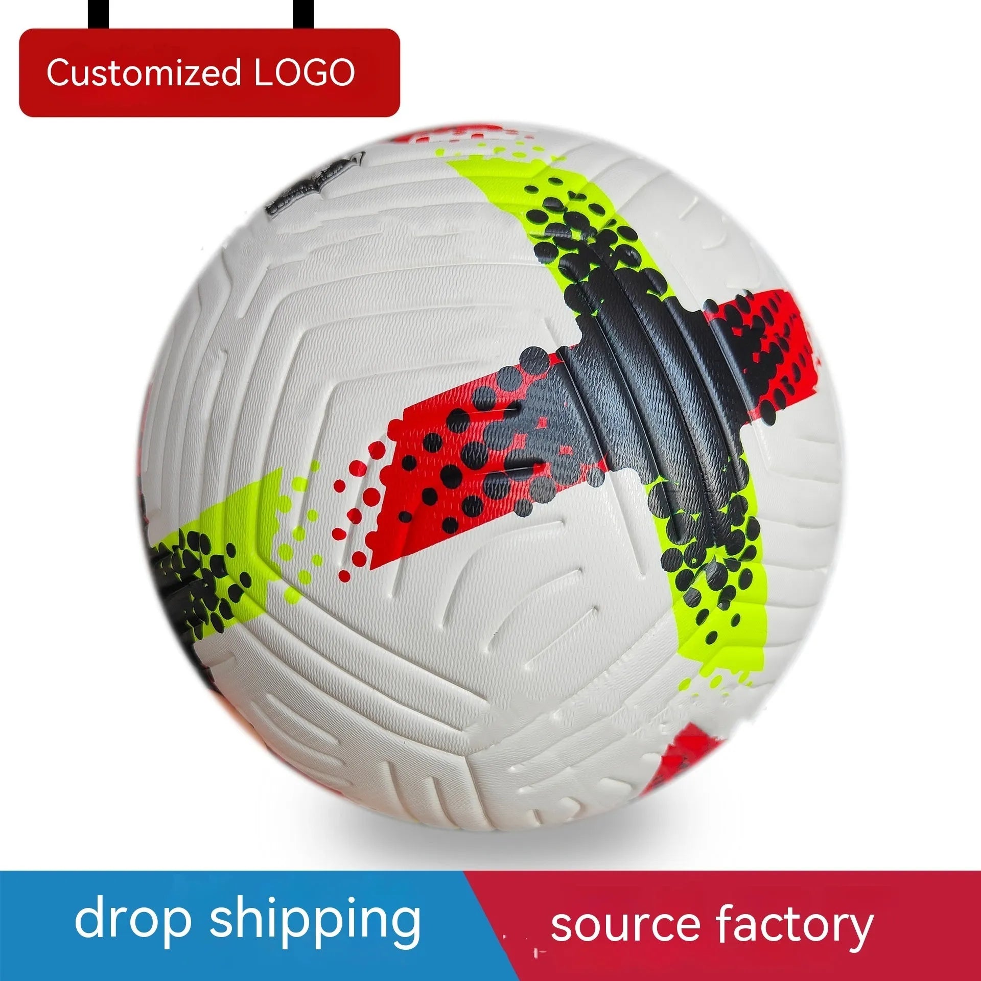 Fluorescent green official size 5 football with seamless thermal patch construction on a pitch.