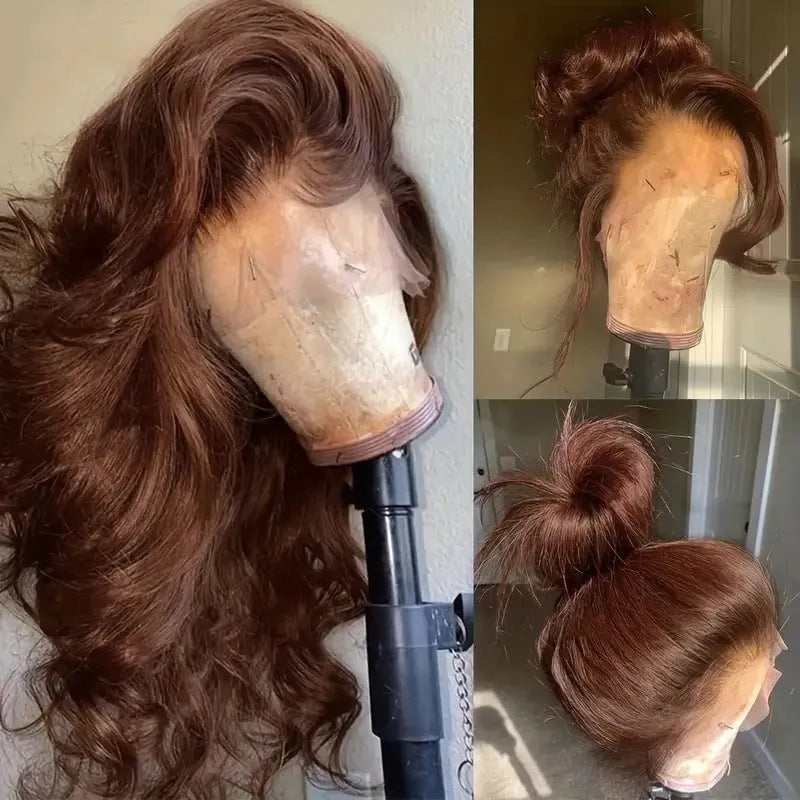 Dark brown long curly front lace wig with side bangs, made from high temperature fibre.