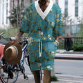 Men's peacock blue 3D printed knitted shorts suit with T-shirt and mid-length trousers