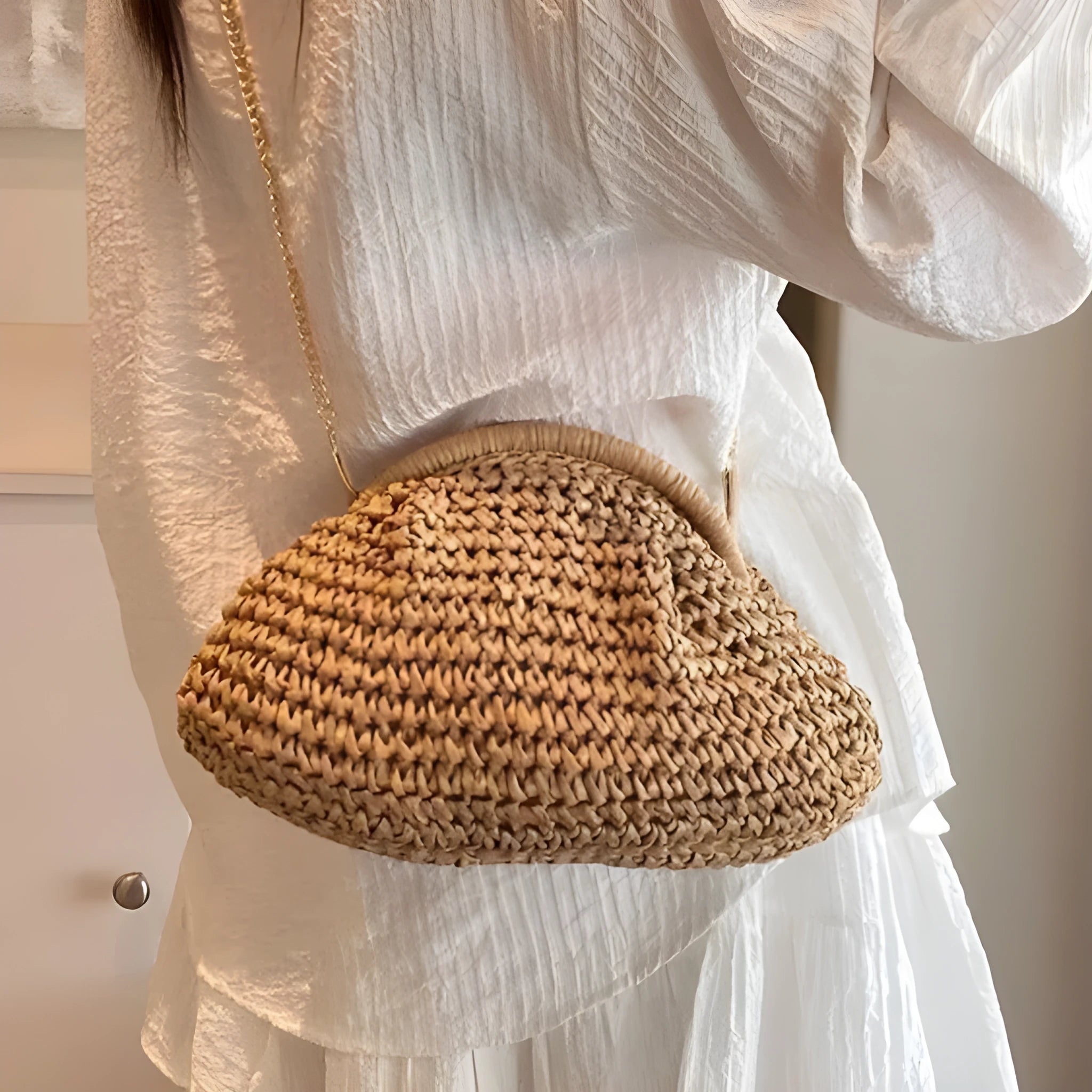 Khaki straw beach handbag with chain detail and crossbody shoulder strap