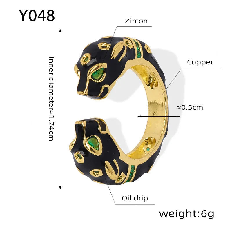Women's black cheetah pattern open ring with oil drip effect on copper geometric design
