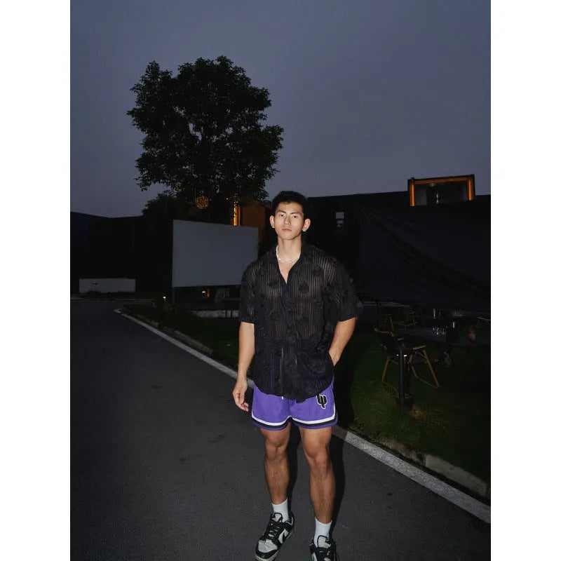 Men's heavy industry three-dimensional floral short-sleeved shirt in loose fit plus size with wool lining