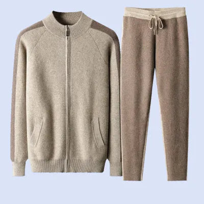 Men's navy blue cashmere wool blend winter sports suit with half-turtleneck zipper cardigan and matching trousers