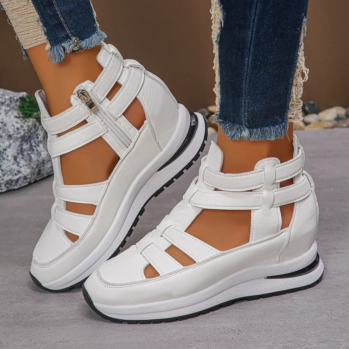 Women's black platform sandals with closed-toe hollow-out design and Velcro fastening