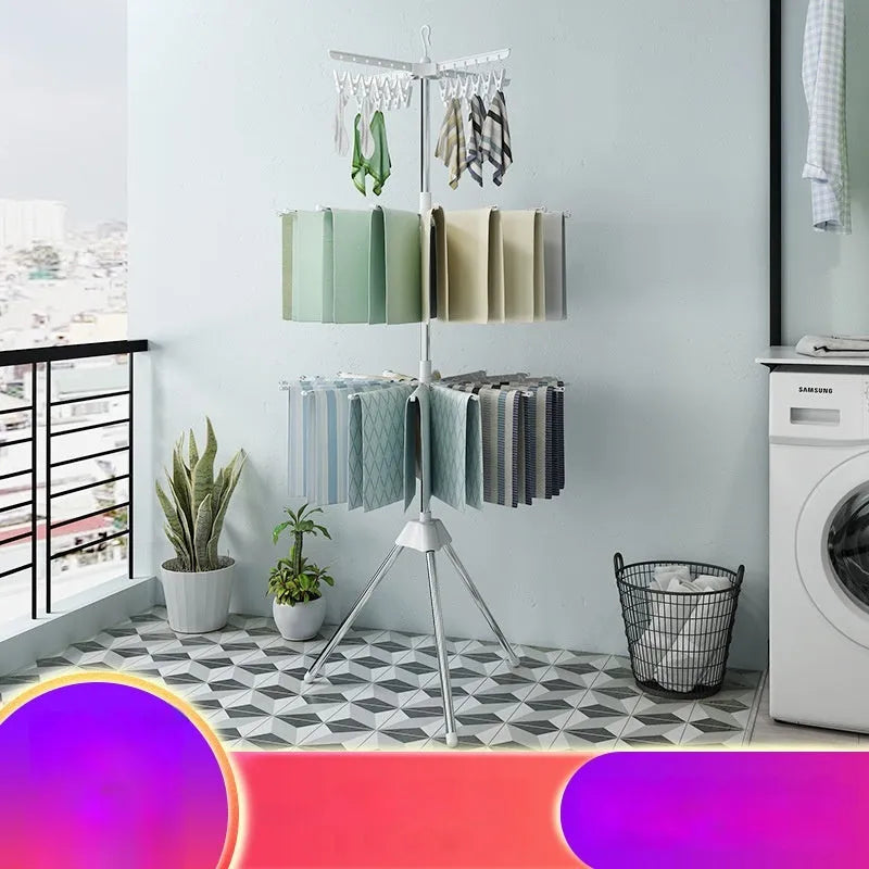 Mobile stainless steel three-layer drying rack with plastic clips for socks ties pants