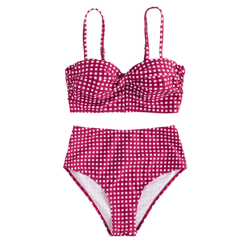 A rose red plaid bikini set showing the high-waisted swim briefs and matching top for women.
