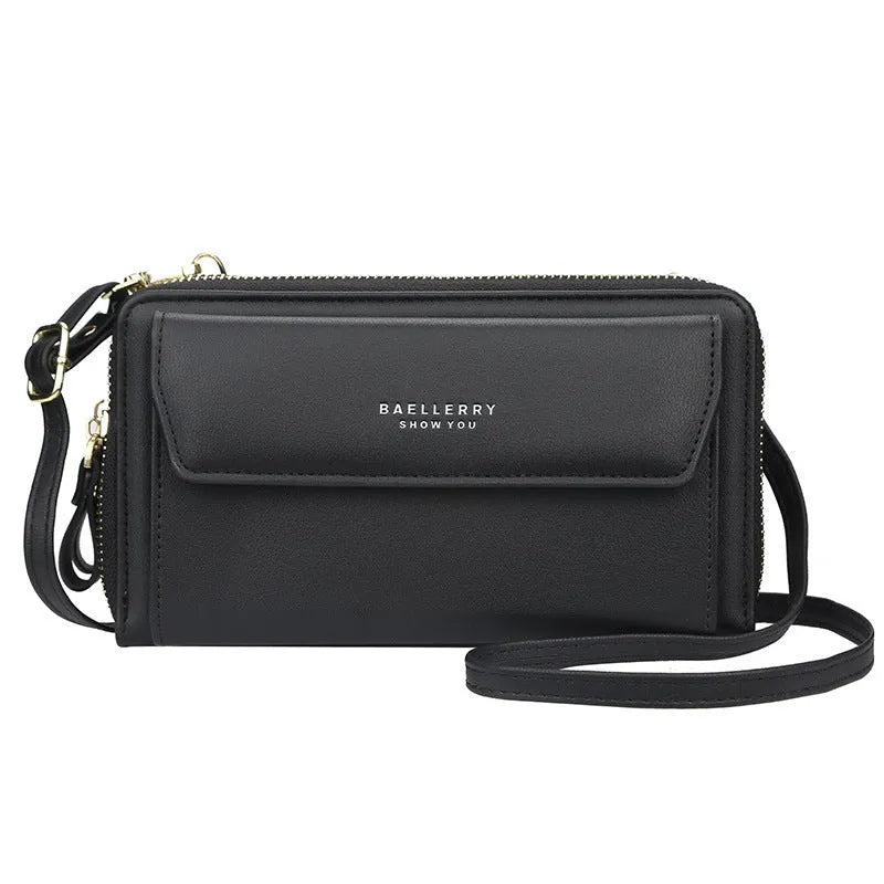 Soft PU leather ladies long wallet messenger bag with double zipper in horizontal square shape
