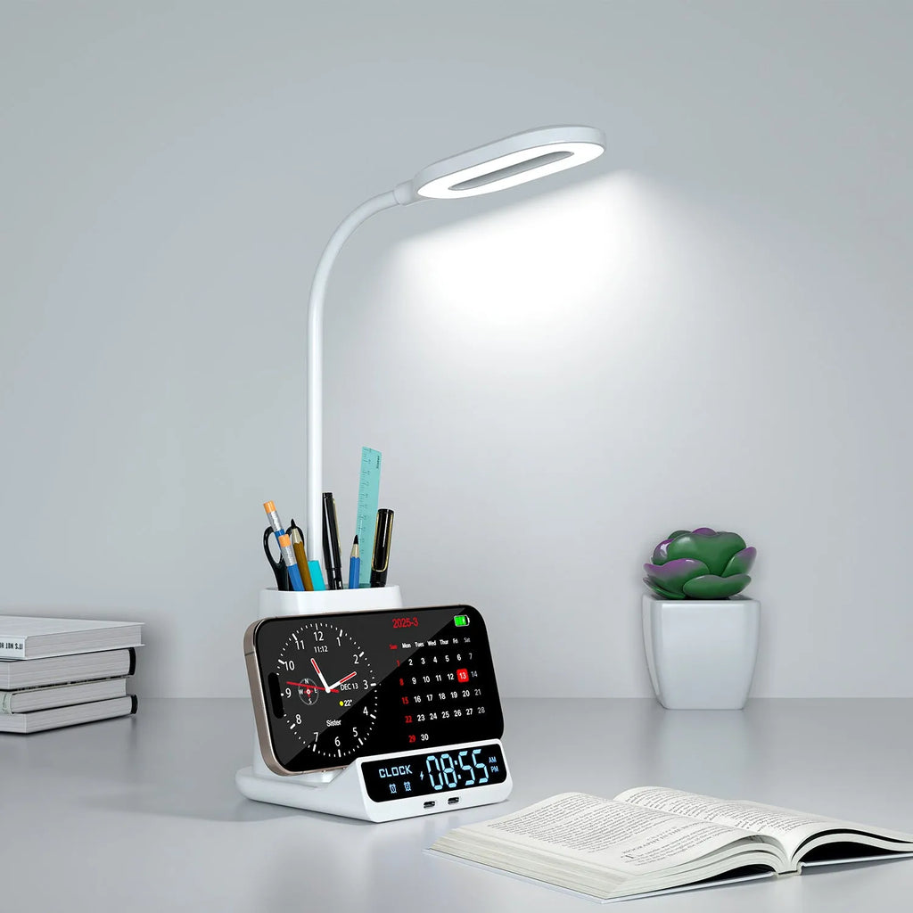 Modern minimalist desk lamp with integrated wireless charging pad and pen storage box