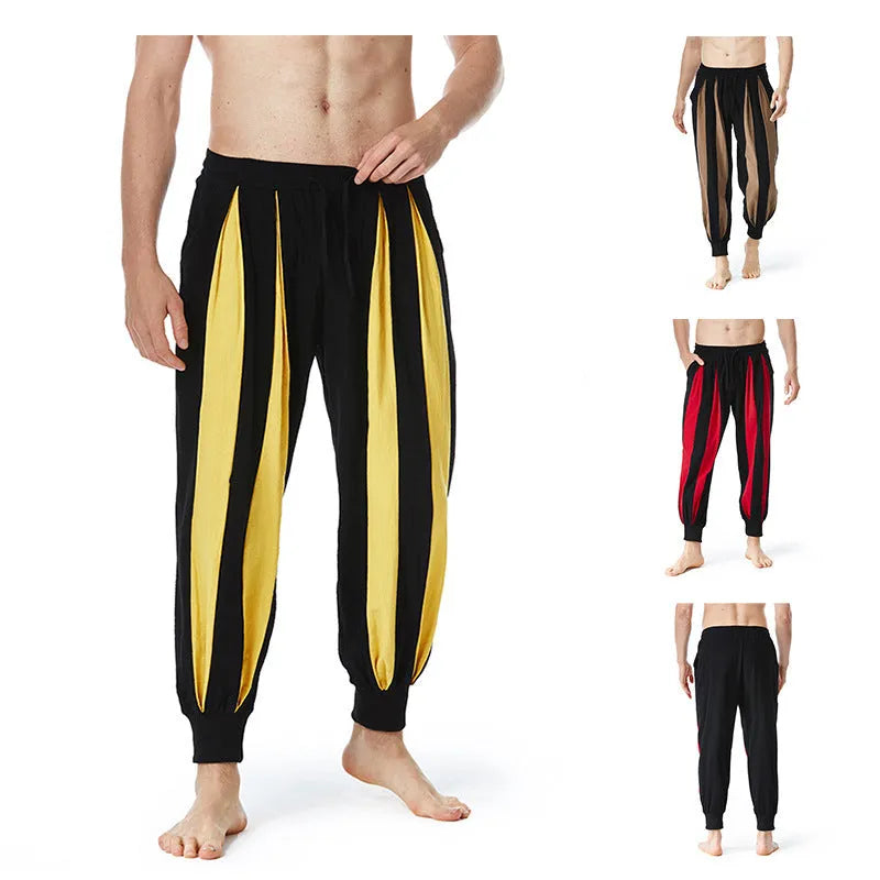 Man wearing straight-fit casual trousers in red, made from polyester, suitable for spring.