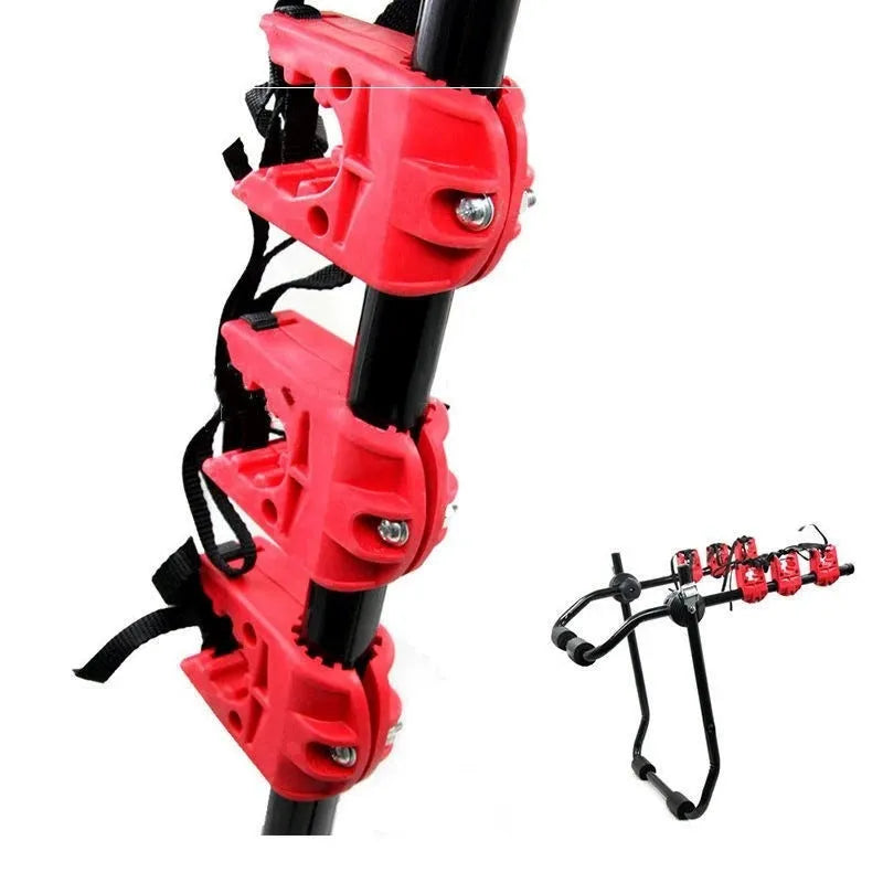 Black and red trunk mounted car bike holder rack showing tie rope and pull belt style options.