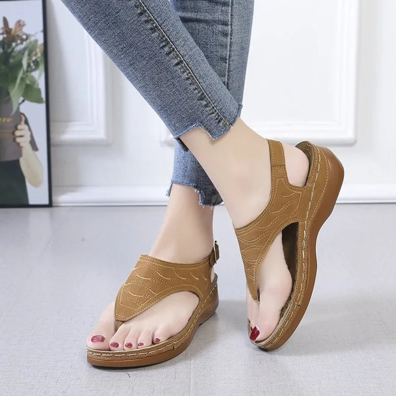 Women's wedge heel flip flop sandals with adjustable buckle strap in solid colours