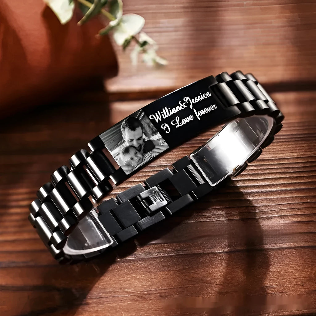 Titanium steel lettering bracelet with curved heart shape design showing black engraved lettering