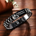 Titanium steel lettering bracelet with curved heart shape design showing black engraved lettering