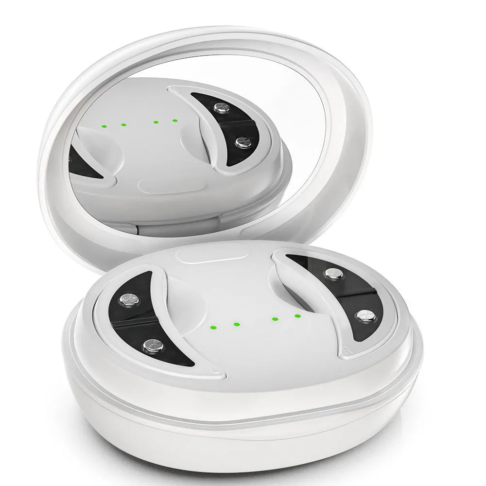 White wireless red light EMS eye and face two-in-one massage device on a white background.