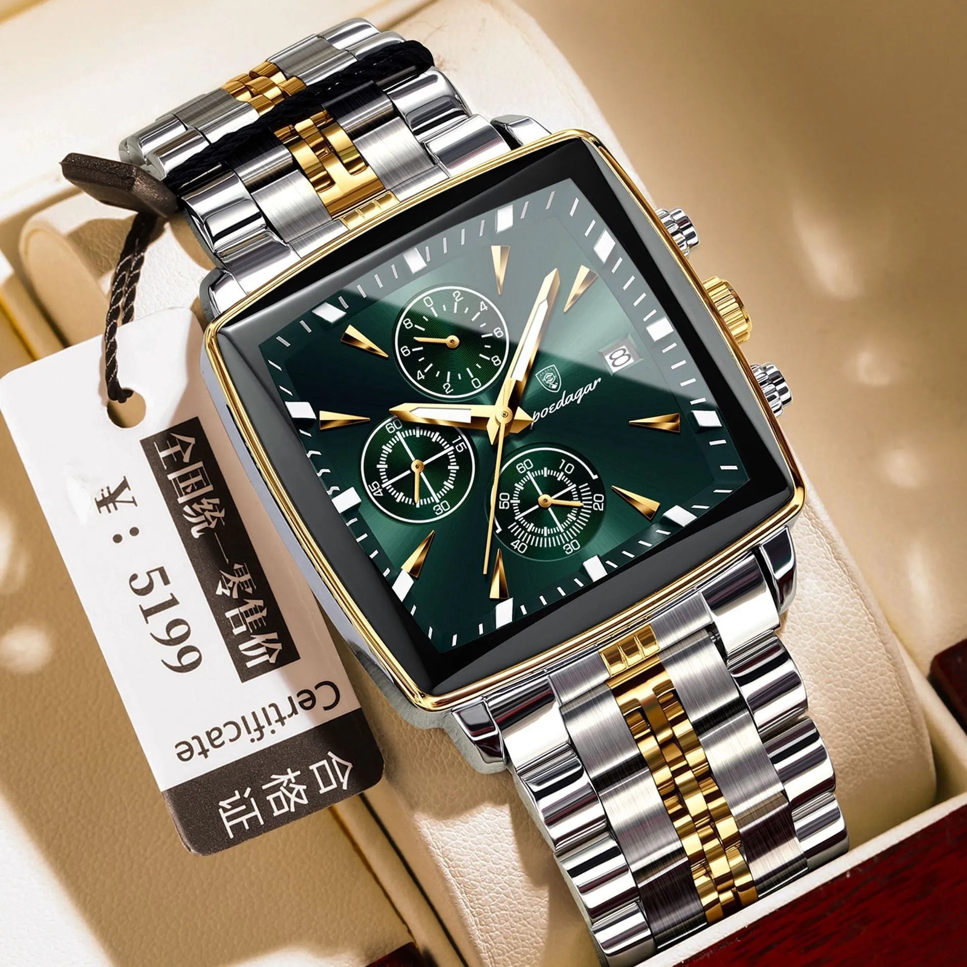 Square men's business watch with stainless steel strap and mineral glass face