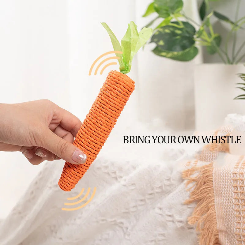 Assortment of interactive cat toys including carrot bites, paper toys, ringing stones, sticks, and grinding toys