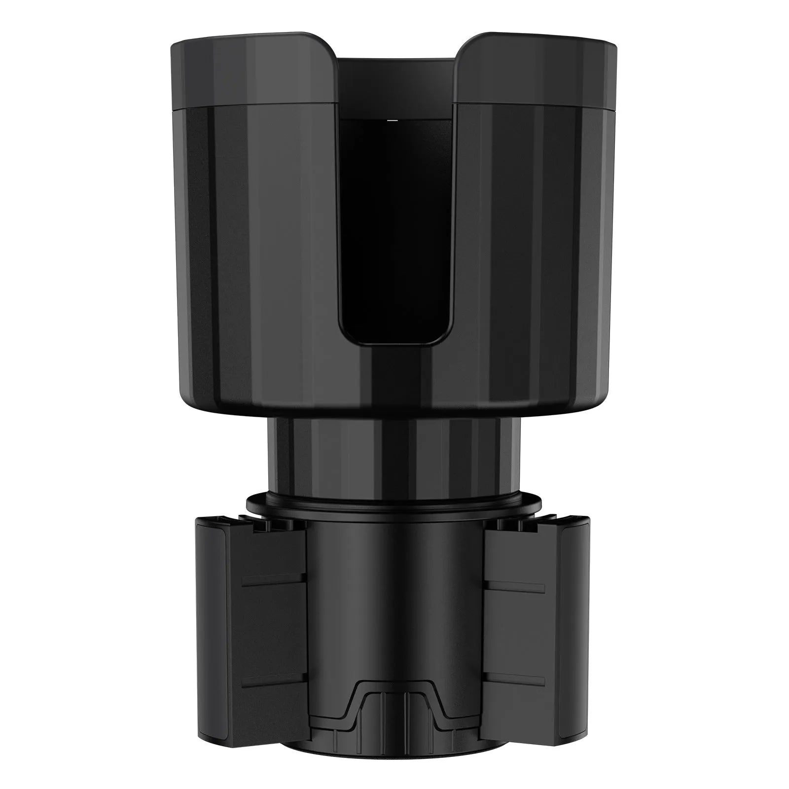 Matte black adjustable car cup holder expander for large bottles and cups on a car centre console.