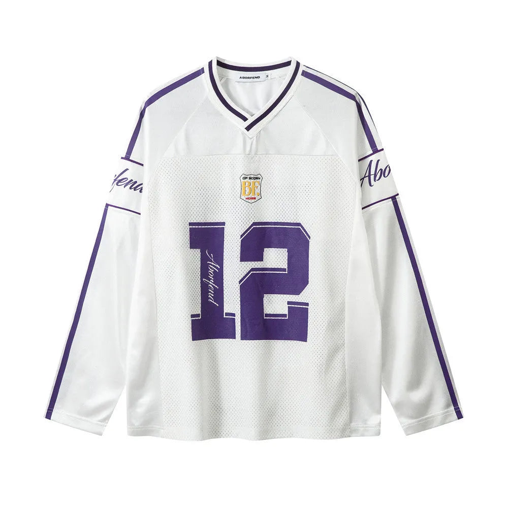 Men's digitally printed long-sleeved V-neck pullover top in polyester jersey fabric