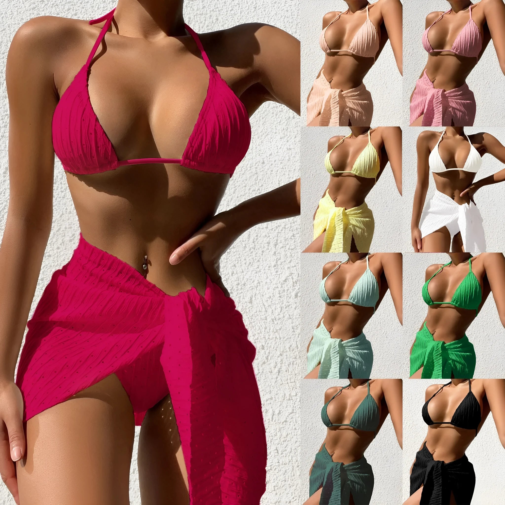 Women's halterneck swimsuit set showing backless bikini top and mesh skirt in solid colour.
