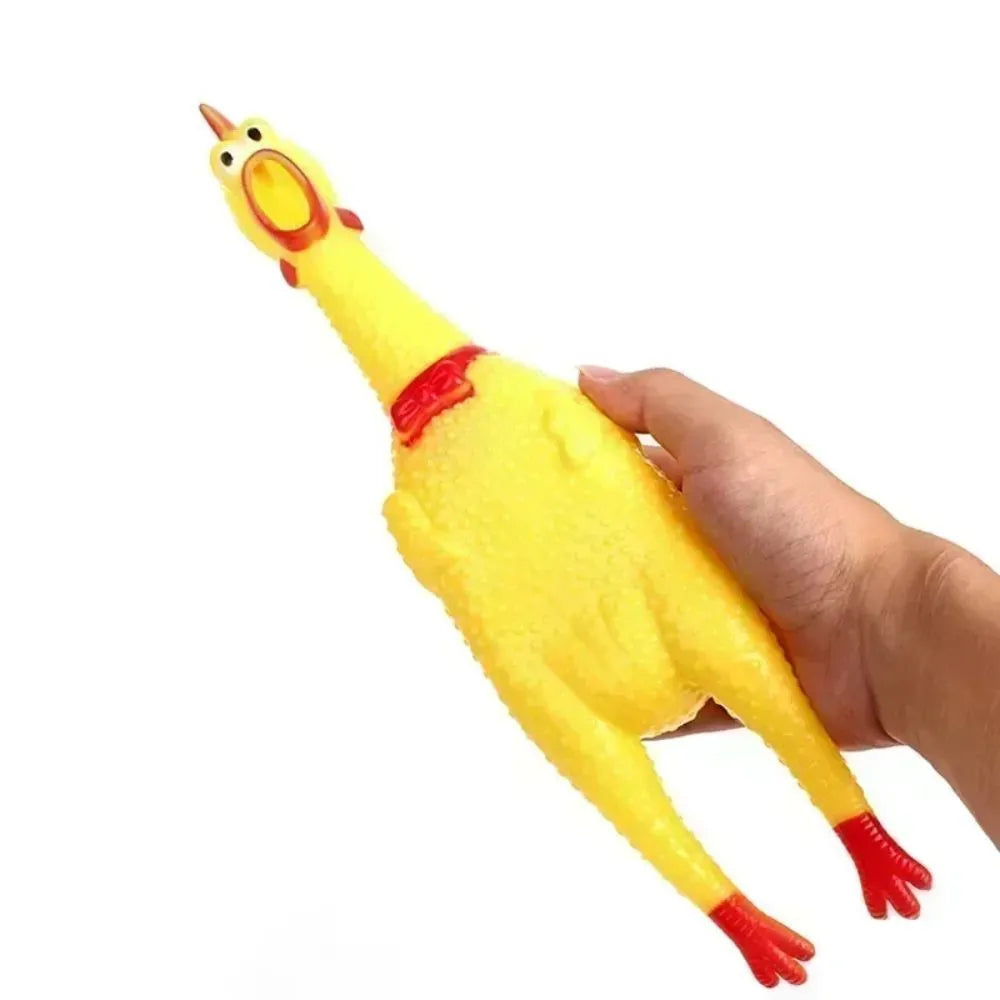 Yellow rubber screaming chicken dog chew toy with squeaker, shown in small, medium and large sizes.