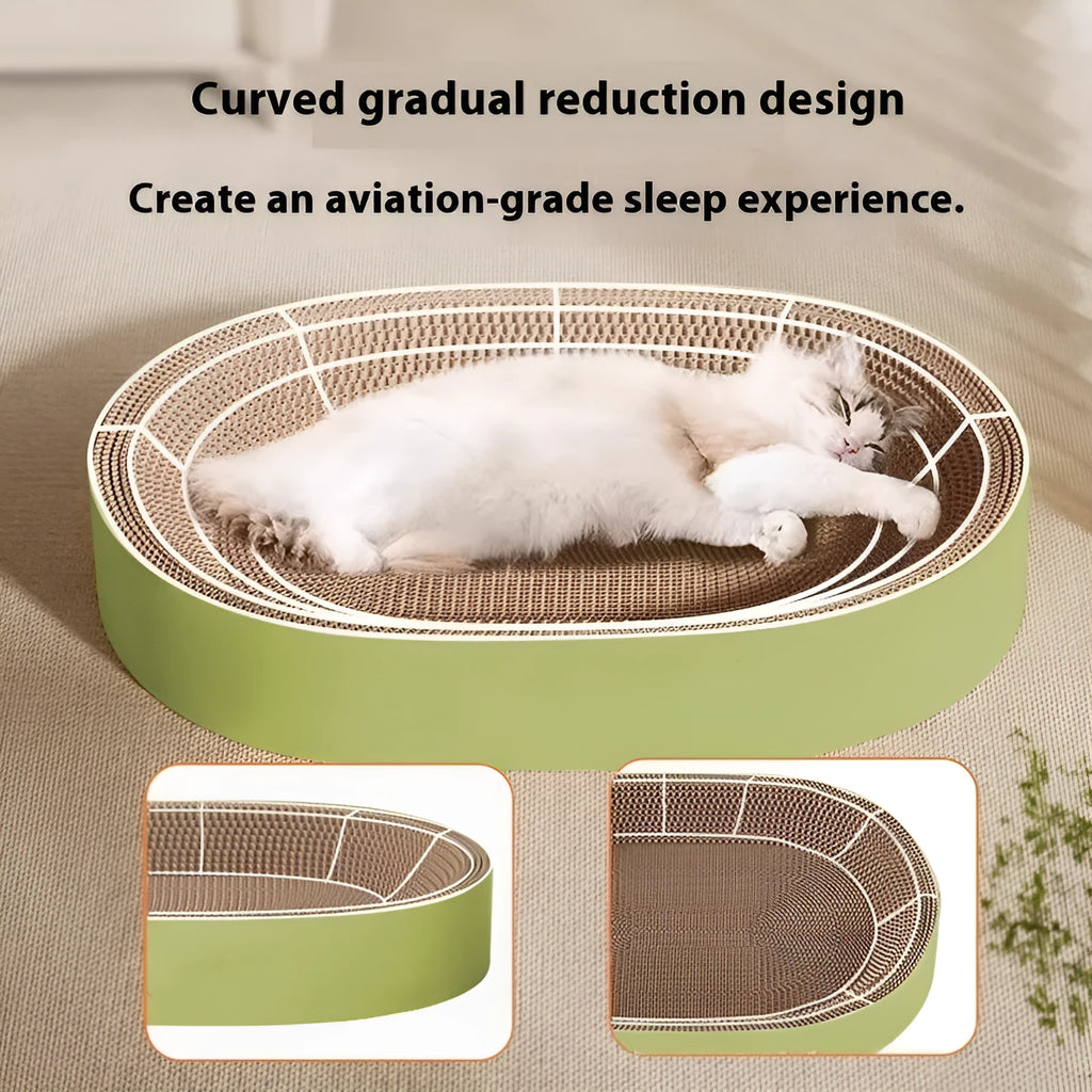 Green oval cat scratch nest measuring 55cm diameter made from corrugated paper