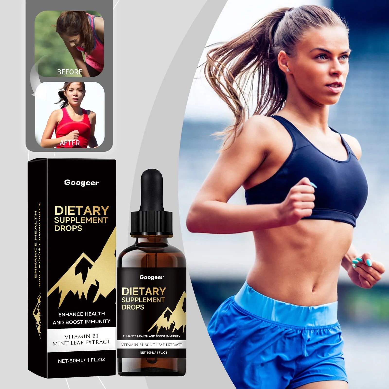 Bottle of clear liquid dietary supplement drops with a black dropper lid for precise dosing.