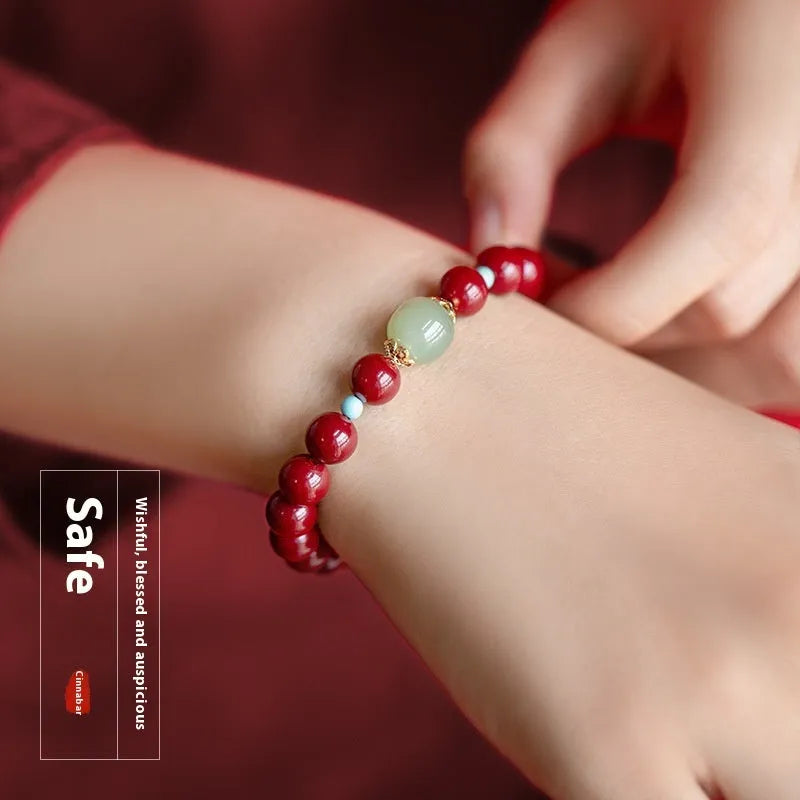 Cinnabar Hetian jade bracelet with geometric ellipse beads in purple gold sand colour