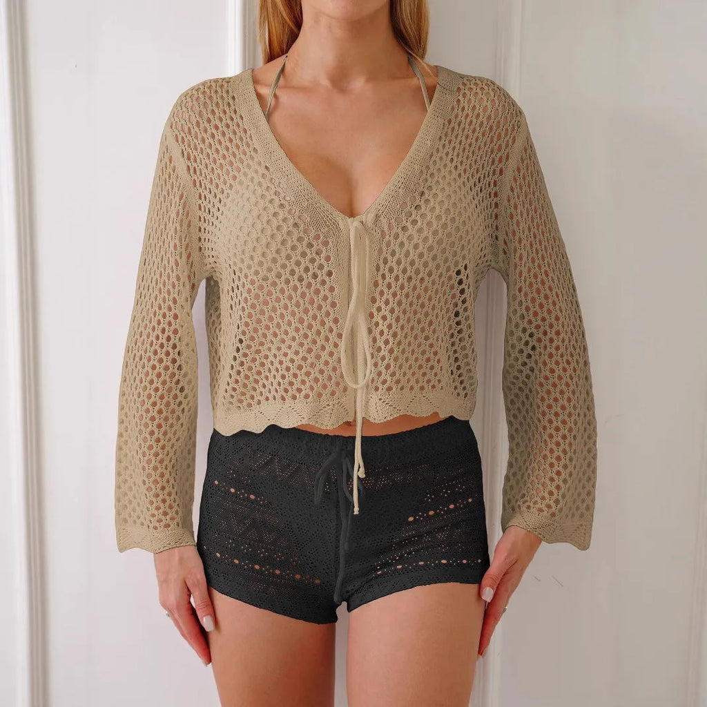 Women's apricot hollow woven cardigan blouse with bell sleeves, short length.