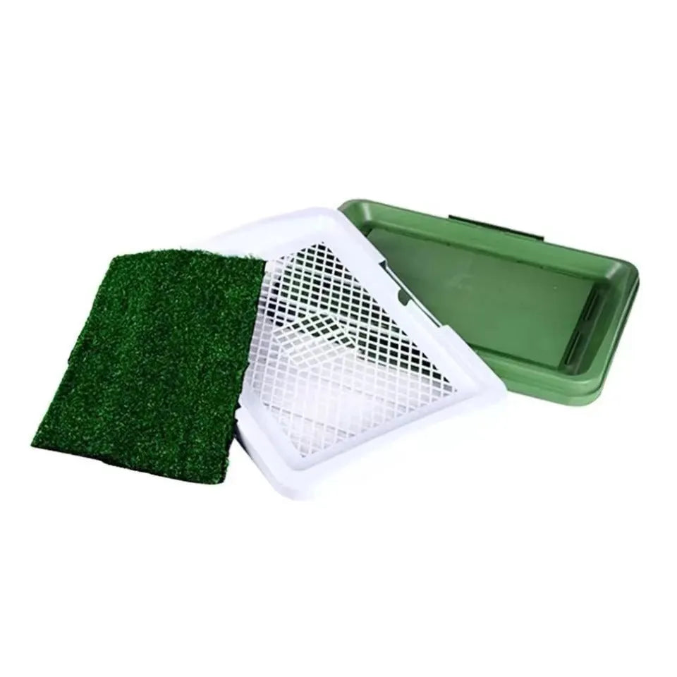 Green artificial turf dog grass patch toilet with three-layer construction for indoor puppy potty training