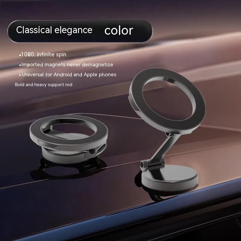 Foldable all-metal magnetic car phone mount in Qian colour on a car dashboard.