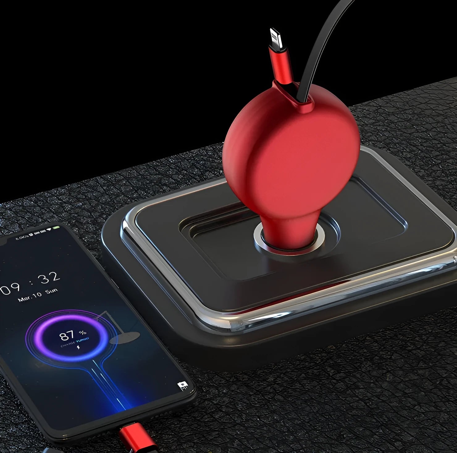 Black retractable car charger with extended cables showing USB and fast-charge connectors next to vehicle power socket