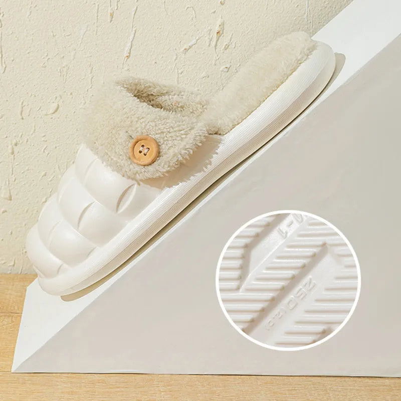 Plaid-patterned detachable women's slippers with plush lining and a textured EVA sole.