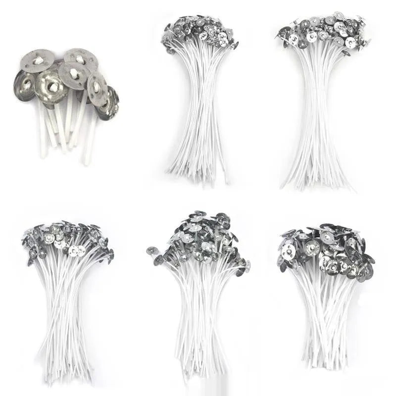 White cotton candle wicks for DIY candle making in three lengths with bulk pack options