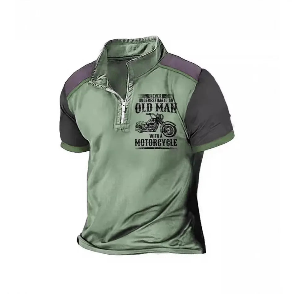 Men's casual polo shirt with lapel collar, digital letter printing, and zip decoration detail in short sleeve design
