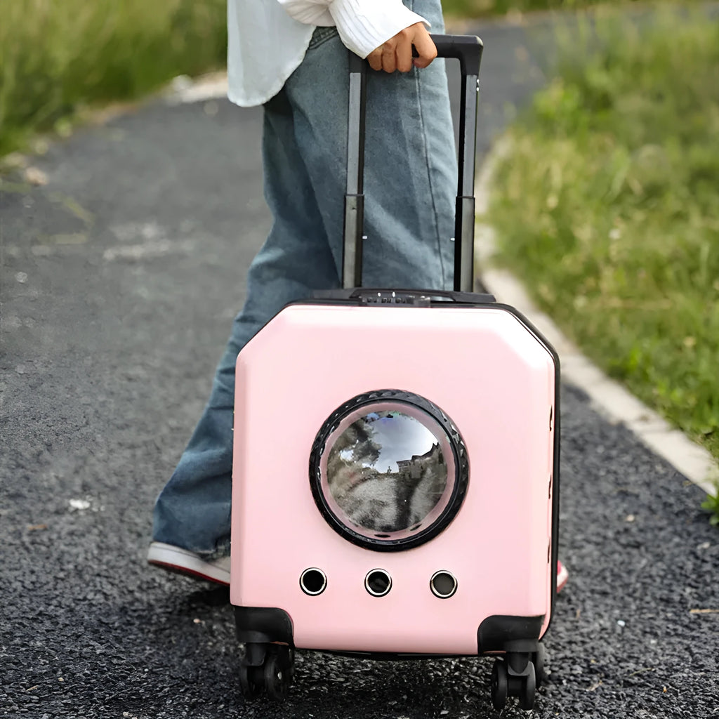 Hard PVC pet flight case trolley in pink colour with wheels for cat transport