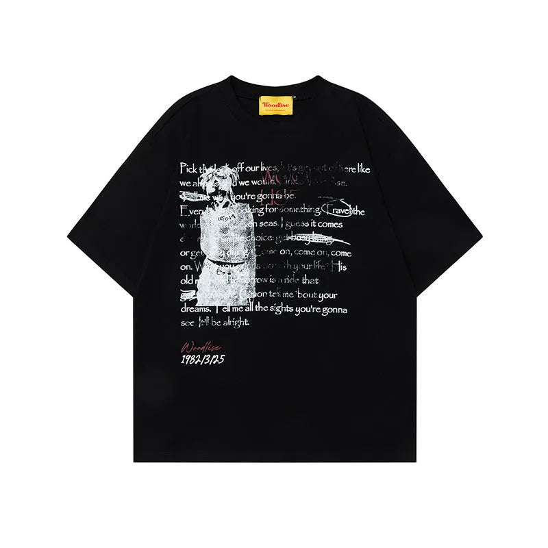 Men's black loose fit cotton t-shirt with white printed letter pattern and raglan sleeves