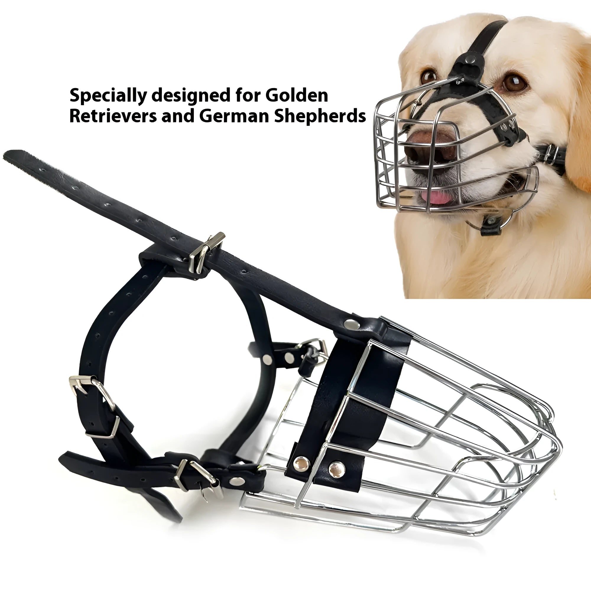 Black metal wire mesh dog muzzle designed for golden retrievers and German shepherds.
