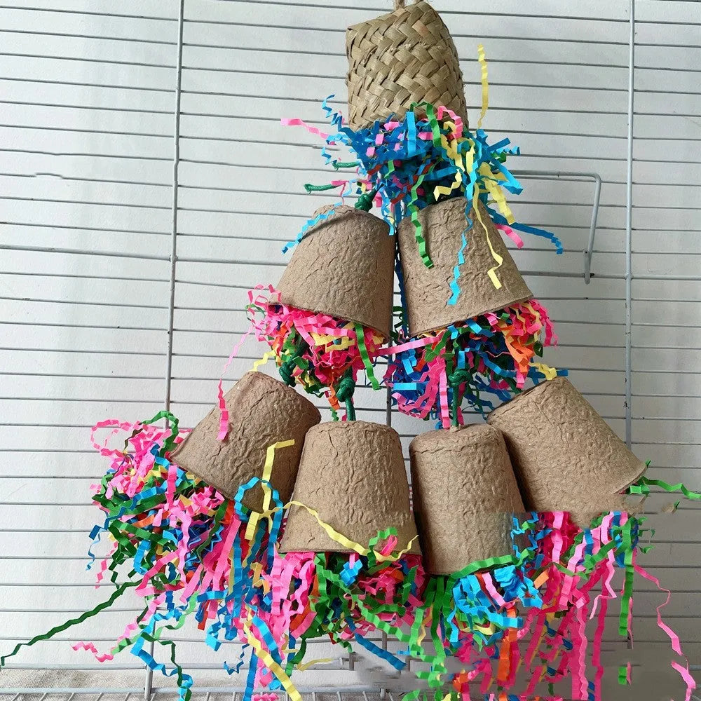 Wood-colour woven paper cup bird gnawing toy hanging at 38cm length