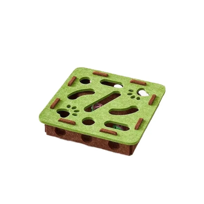 Green brown felt cube cat toy measuring 30cm square with a hole in the centre.