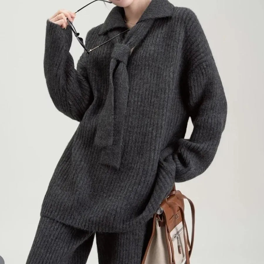 Women's acrylic fibre imitation cashmere knitting top and trousers two-piece set in four colour options