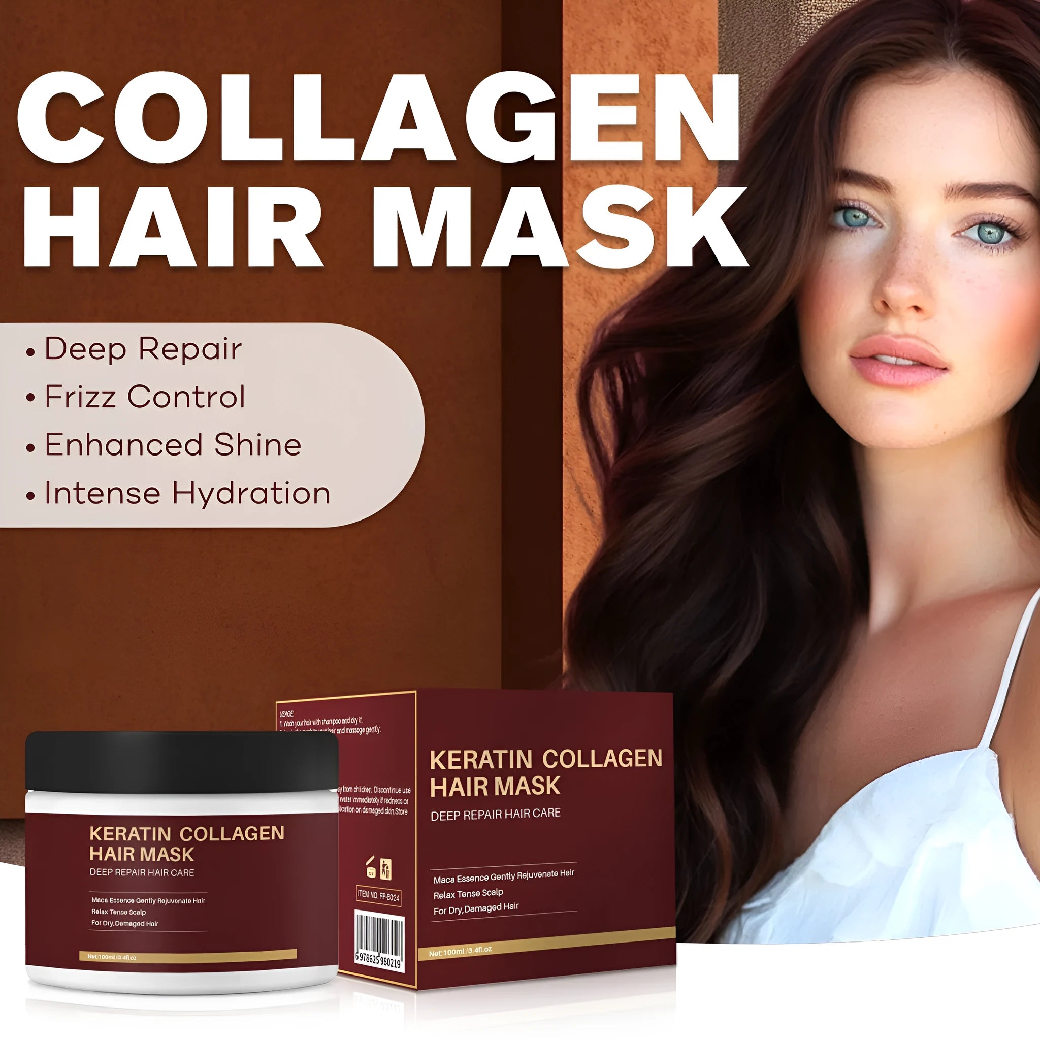 White tub of 100ml collagen hair mask for moisturising and repairing hair.