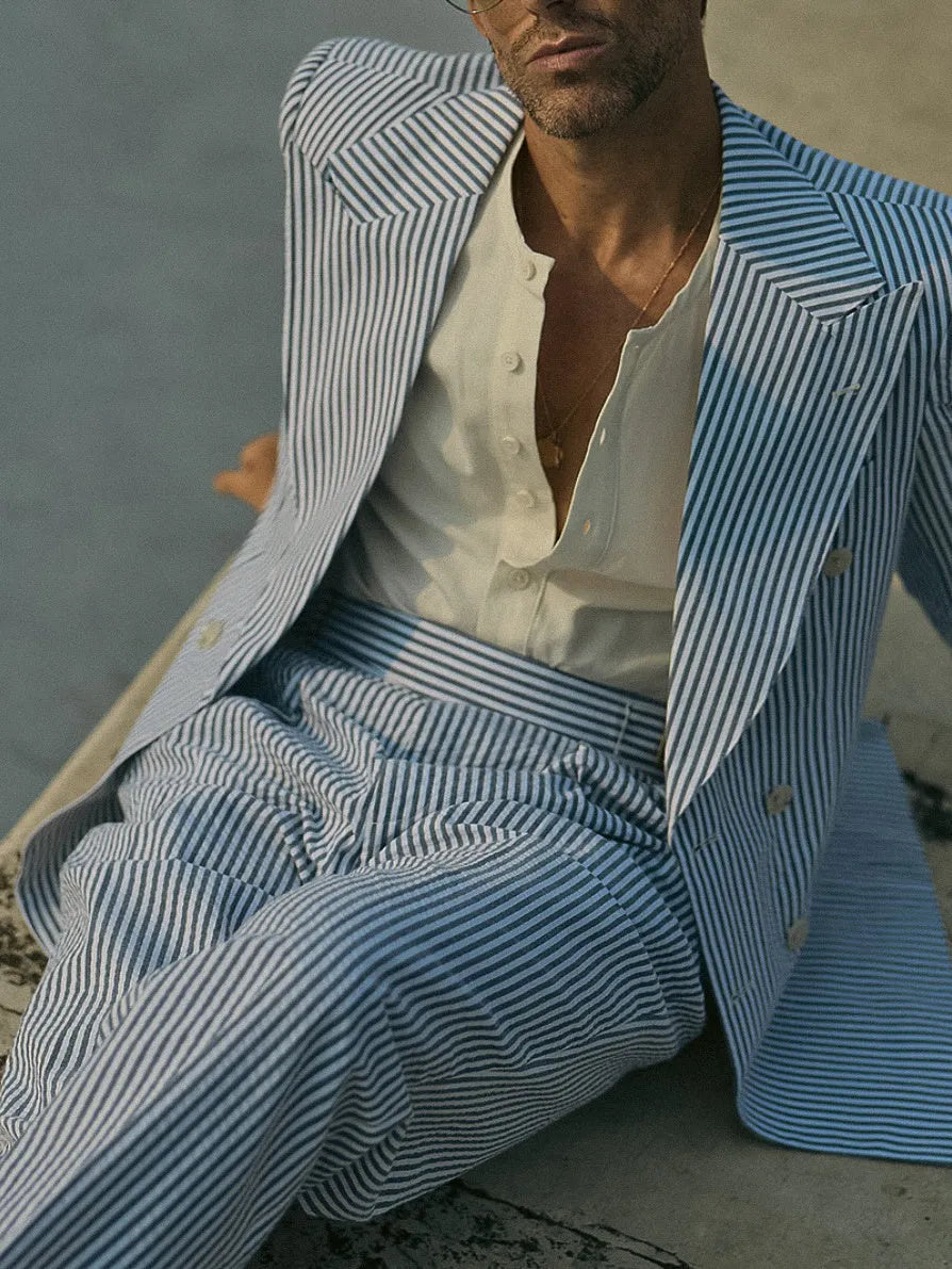 Blue and white striped polyester suit set with regular fit styling