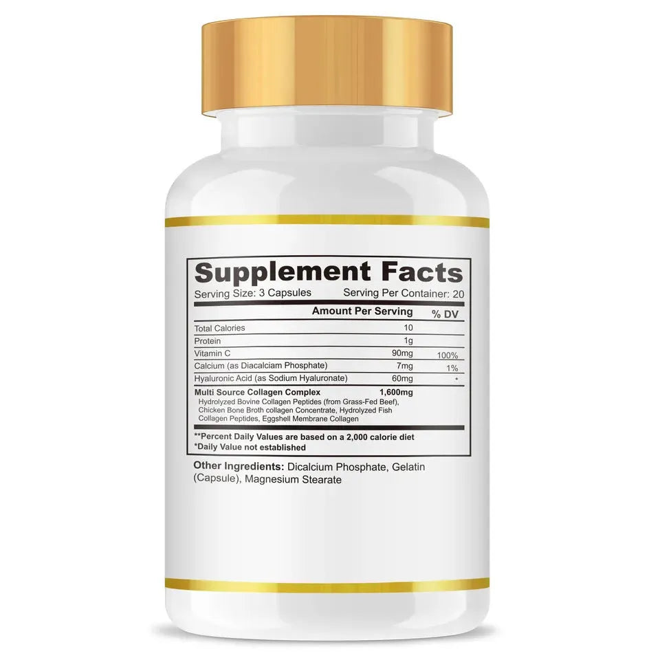 Collagen capsule supplement 60 tablets in bottle packaging for adult use